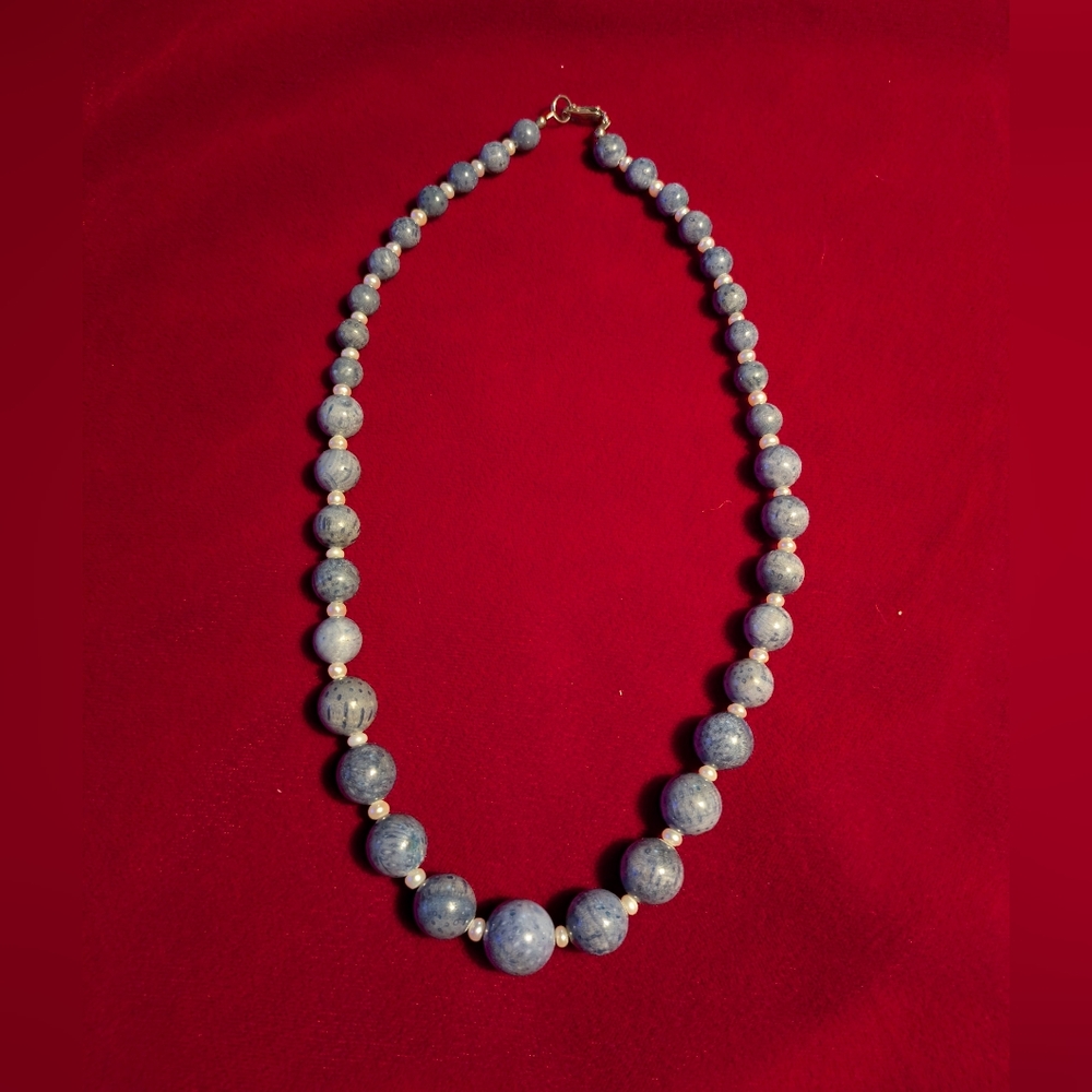 Sterling Silver 925 Genuine Pearl Blue Stone Beaded Necklace